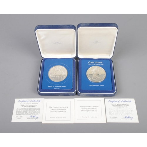 435 - The Franklin Mint, Tow cased 1977 Queen Elizabeth II Twenty-Five Dollar Coins of the Cook Islands wi... 