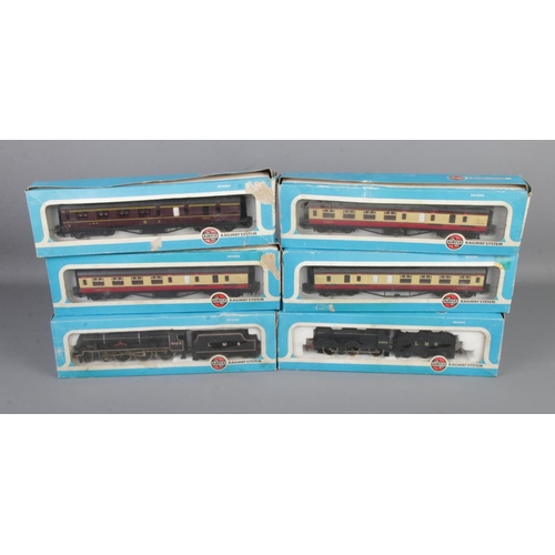 82 - A collection of Airfix Railway System model trains and carriages including  4F Fowler LMS Livery, Ro... 