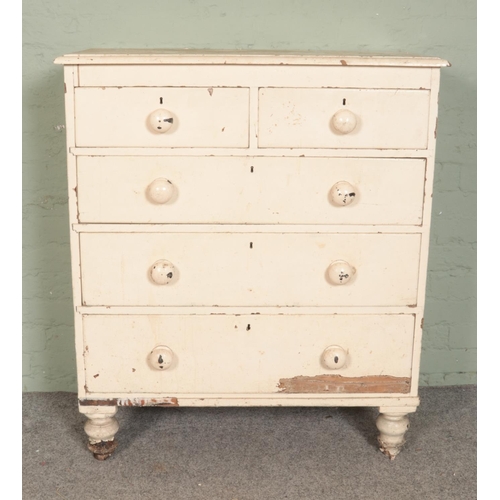 498 - A Victorian painted pine chest of two over three drawers, raised on turned supports, for restoration... 