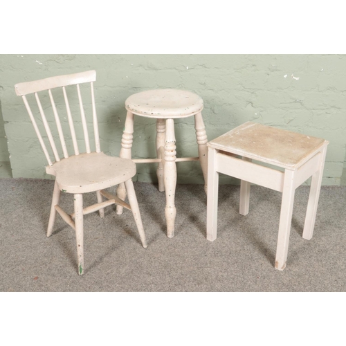 512 - A tall painted milking stool with another small stool and child chair.