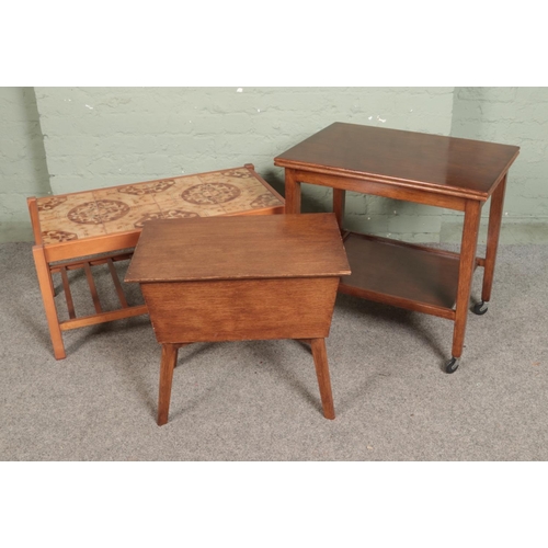 519 - A card table trolley along with sewing box and tiled coffee table