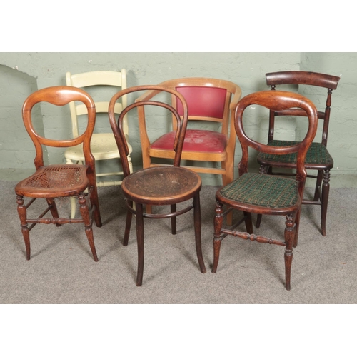 525 - A collection of six chairs of various shape including a bentwood example