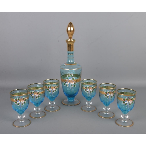 88 - A set of six Tre Fuochi Venetian style Murano wine glasses with matching decanter