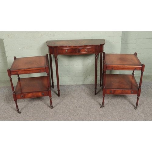 537 - A collection of occasional furniture to include console table and pair of two tier side tables on ca... 