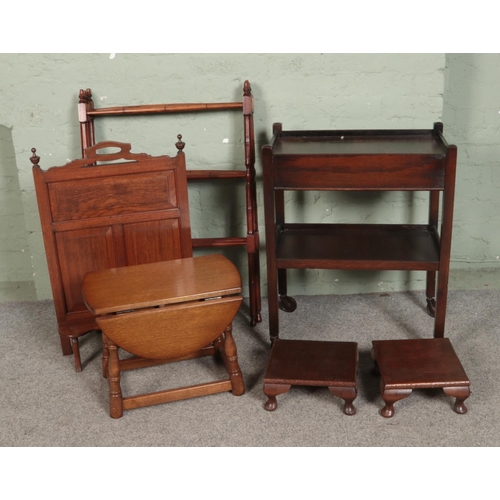 540 - A collection of assorted furniture to include two tier trolley, mahogany fire screen, folding towel ... 