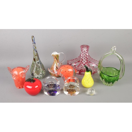 117 - A collection of Murano style coloured art glass including vase, elephant, owl, fruit etc.