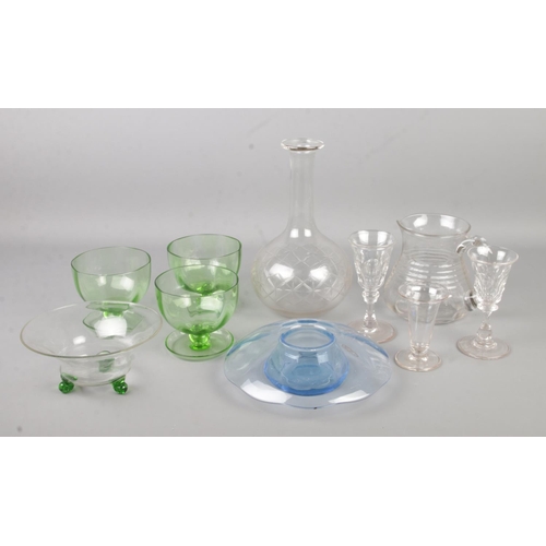 122 - A quantity of glassware. Includes antique drinking glasses, trifle dishes, Victorian jug, Whitefriar... 