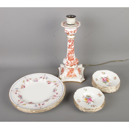 138 - A collection of Royal Crown Derby ceramics to include Red Aves pattern lamp and Melrose pattern dinn... 