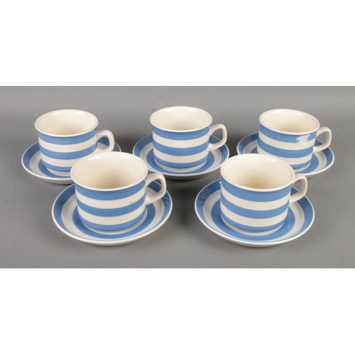 139 - A set of five T.G Green Cornish blue and white striped cups and saucers.