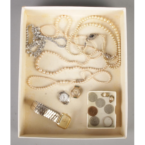 169 - A collection of costume jewellery and coins. Includes ladies watches, simulated pearls with silver c... 