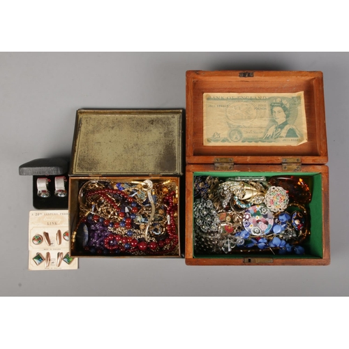 51 - Two boxes of costume jewellery, including vintage examples. Contains small Murano glass plate, flat ... 