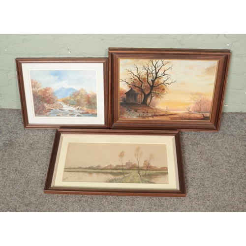 370 - Three framed pictures and print to include J.S Rough, Badix and H. Kendall, all depicting landscape ... 