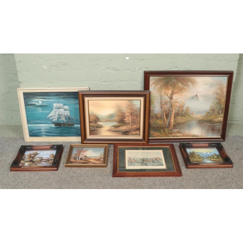 374 - A collection of assorted pictures, to include Norman Scott seascape, D.Knight river scene along with... 