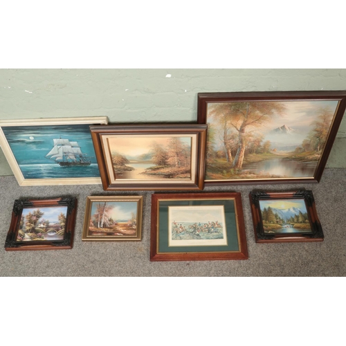 374 - A collection of assorted pictures, to include Norman Scott seascape, D.Knight river scene along with... 