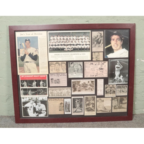 376 - A large framed baseball display with copies of newspaper clippings and pictures relating to Joe DiMa... 