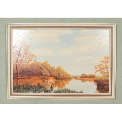 377 - B.R.Ellis, framed oil on board. Depicting figure fishing in a lake. (49cm x 74cm)