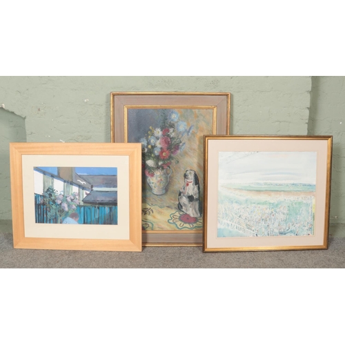 381 - Three large framed original paintings. Includes Janet Samson The Blue Fence, David Allison Doncaster... 