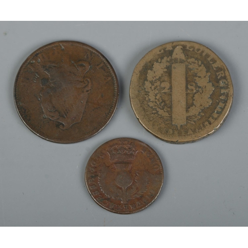 385 - Three antique coins; George IV Hibernia half penny (possibly 1822), Charles II bodle (1678) and Loui... 