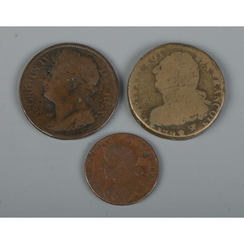 385 - Three antique coins; George IV Hibernia half penny (possibly 1822), Charles II bodle (1678) and Loui... 