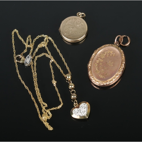 415 - Two 9ct back and front lockets along with a silver and 9ct bonded gold pendant on chain. Total weigh... 