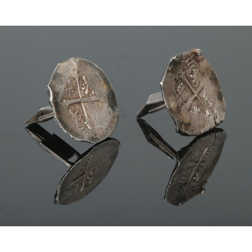 428 - A pair of Philip III of Spain (1578-1621) 8 reales silver coin cufflinks, together with a Franklin M... 