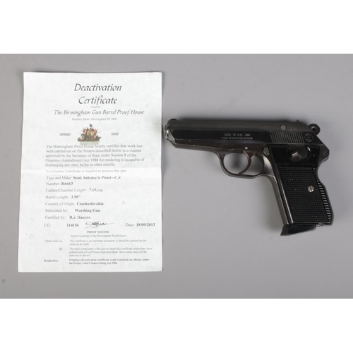 431 - A Czechoslovakian CZ VZOR 70 Cal 7,65 Semi Automatic Pistol, number J66663. With deactivation certif... 