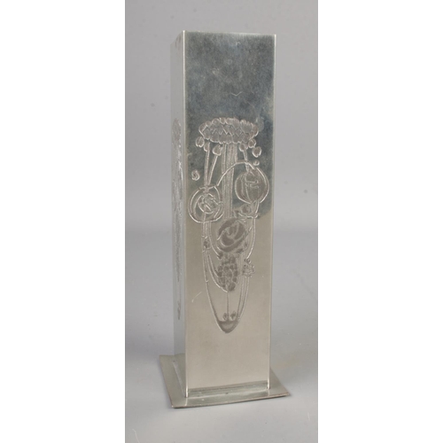 447 - A Charles Rennie Mackintosh pewter vase of square form featuring bunch of flowers to each side. Heig... 