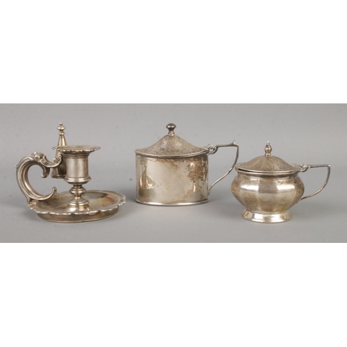 451 - Three pieces of silver, to include two preserve pots and Candle snuffer (Birmingham, 1840, Robinson,... 