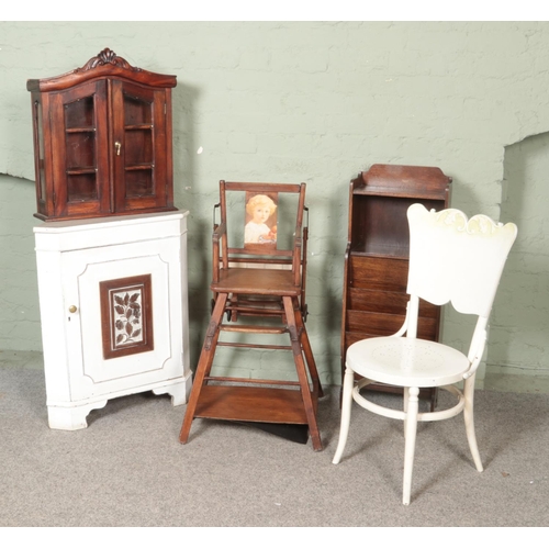 458 - A vintage child's chair together with small wall cabinet, painted chair, magazine/book rack and pain... 