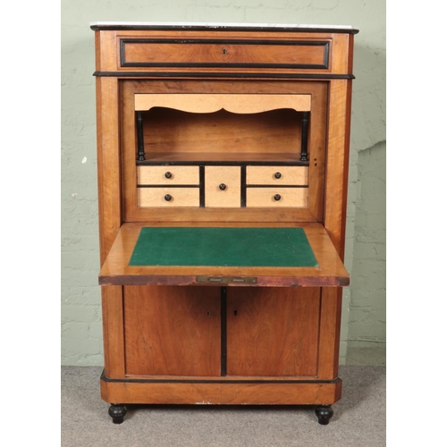 468 - A Biedermeier style walnut fall front escritoire with marble top. Height 160cm, Width 98cm, Depth 47... 