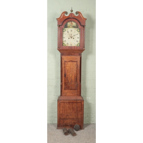 486 - An oak and mahogany twin weight longcase clock, with swan neck pediment and aged dial bearing Roman ... 