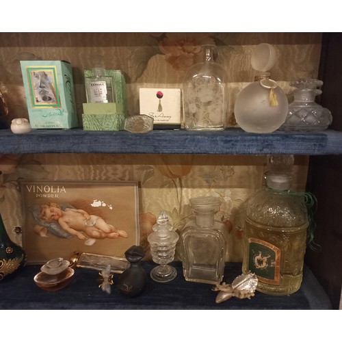 158 - A white painted glazed cabinet housing a large quantity of scent bottles, including vintage examples... 