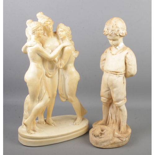 121 - A plaster figure of the Three Graces, along with a similar figure Boy And Frog.