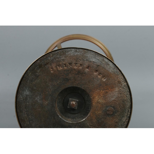 134 - A brass and glass oil lamp, produced by Hinks & Sons, with frosted shade above glass reservoir. Rais... 