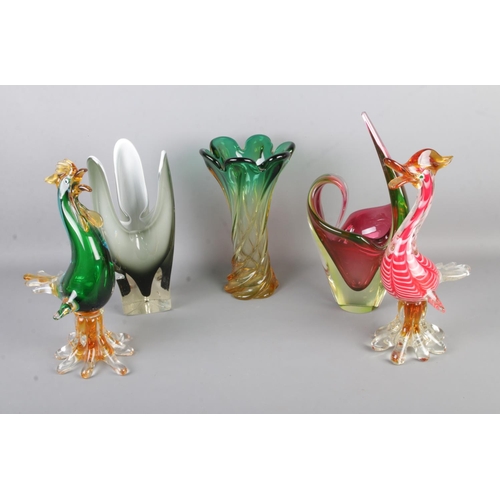 23 - A collection of Murano style art glass to include cockerel, chicken and three vases.