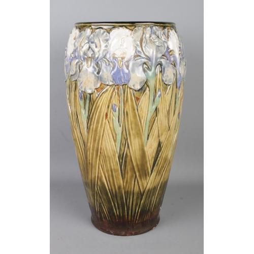 29 - A Doulton Lambeth stoneware vase of tapering form, impressed with blue and white irises. Height: 37c... 