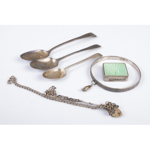 481 - A collection of silver oddments, to include three silver teaspoons, bangle and bracelet. Total weigh... 