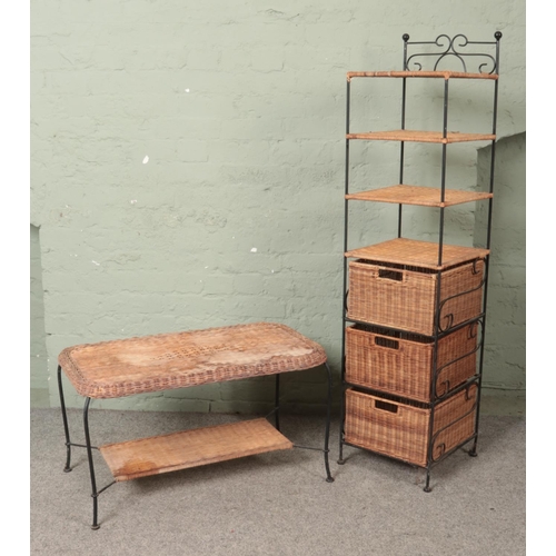 492 - Two pieces of wicker and metal furniture to include two tier coffee table and thin shelving unit.