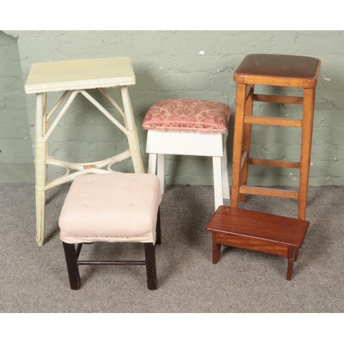 506 - A collection of assorted stools to include bar stool example along with a painted plant stand.