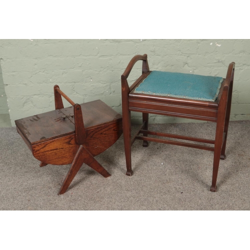 521 - Two pieces of assorted furniture to include oak sewing box with contents of sewing accessories along... 