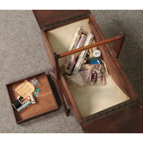 521 - Two pieces of assorted furniture to include oak sewing box with contents of sewing accessories along... 