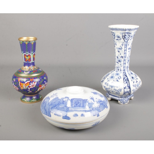 11 - An unusual blue and white Chinese dish with a blue and white Delft vase and a Cloisonné type vase.