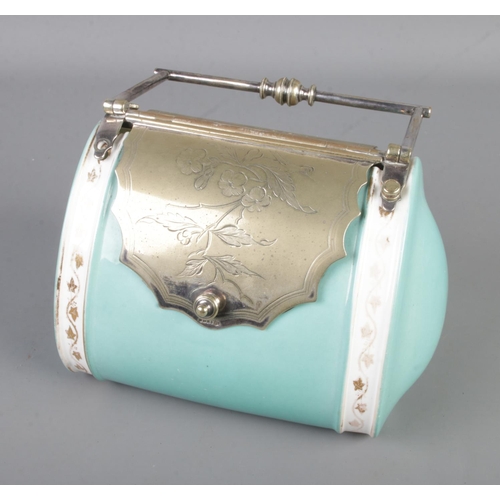 25 - An Antique Copeland Spode novelty biscuit barrel in the form of a handbag with silver plate lid and ... 