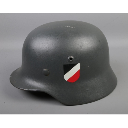 487 - WW2 German hand rendered double decal M40 Helmet with webbing and hand written name to inside 'Schra... 