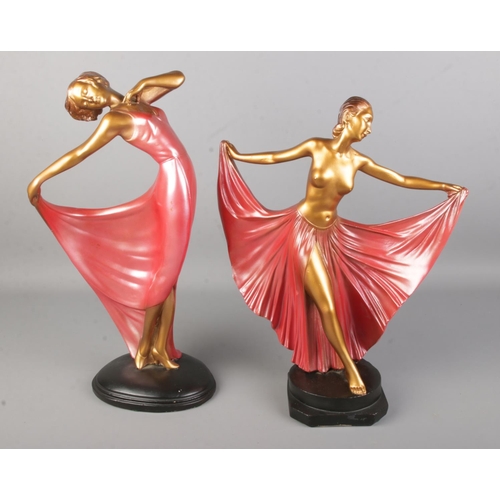 1 - A pair of 1930's Leonardi Art Deco plaster figures of female dancers having pink dress on a patinate... 