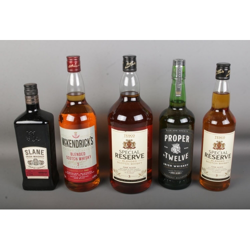 101 - Five bottles of assorted whisky to include two bottles of Tesco Special Reserve, Slane Irish whisky,... 