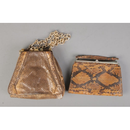 106 - Two vintage snake skin purses to include example featuring yellow metal chain.