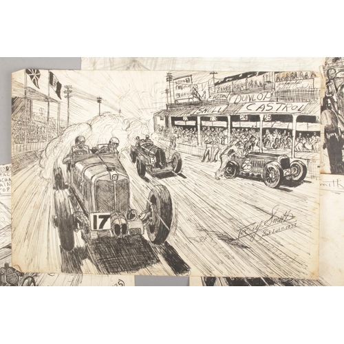 23 - Ray Smith, a collection of pen and pencil sketches mostly depicting cars and drivers at a variety of... 