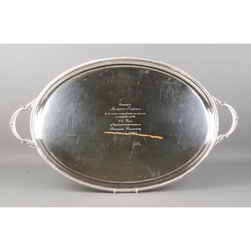 39 - A large twin handled silver plated tray by Barker Ellis. Bearing presentation message from Doncaster... 