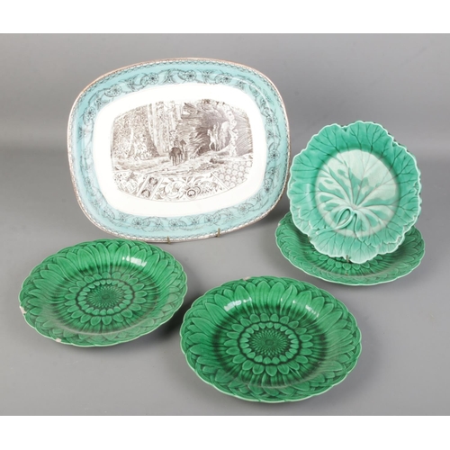 47 - A collection of antique pottery. Includes Wedgwood Sunflower and Cabbage majolica plates and a T & R... 